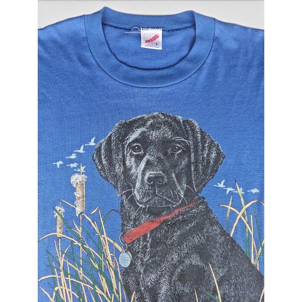 Jerzees Black Labrador Dog Graphic T-Shirt Men's Large Blue Vintage 90s USA